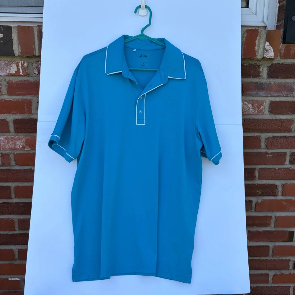 Adidas Golf Puremotion Polo Shirt Mens Medium Blue White Trim Short‎ Sleeve